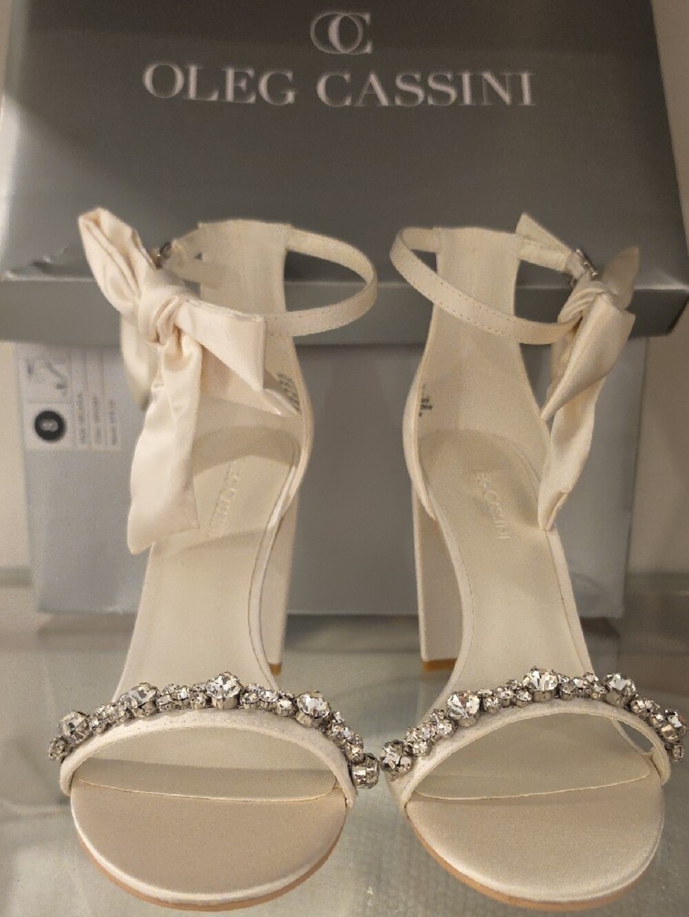 Oleg Cassini Champagne crystal Satin Bow Block Heel Sandals sizes 7,8,9 - Picture 9 of 12